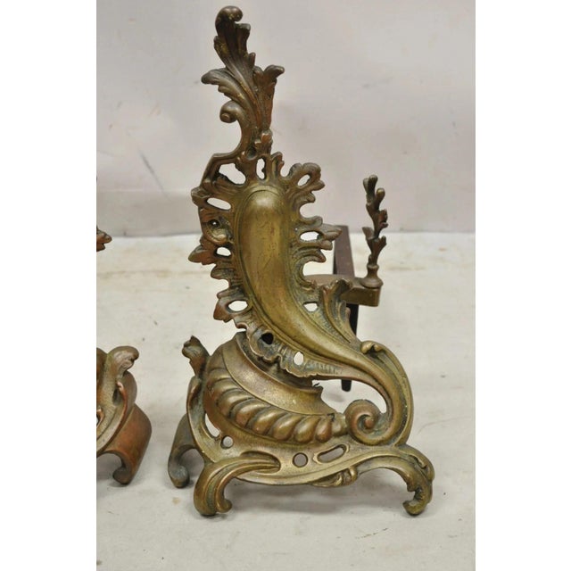 Early 20th Century Antique French Rococo Baroque Style Brass Leafy Acanthus Andirons - A Pair For Sale - Image 5 of 12