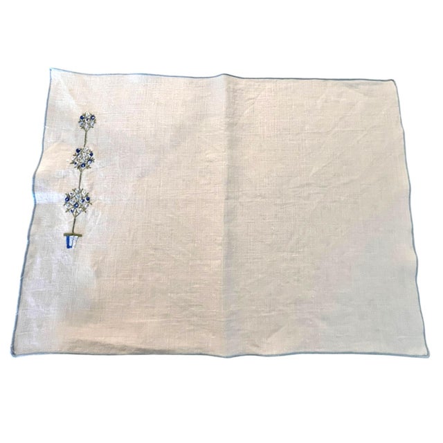Set of 4 Vintage Dinner Placemats Embroidered Blue Floral Linen Farmhouse French Country Traditional Spring Easter For Sale - Image 4 of 17