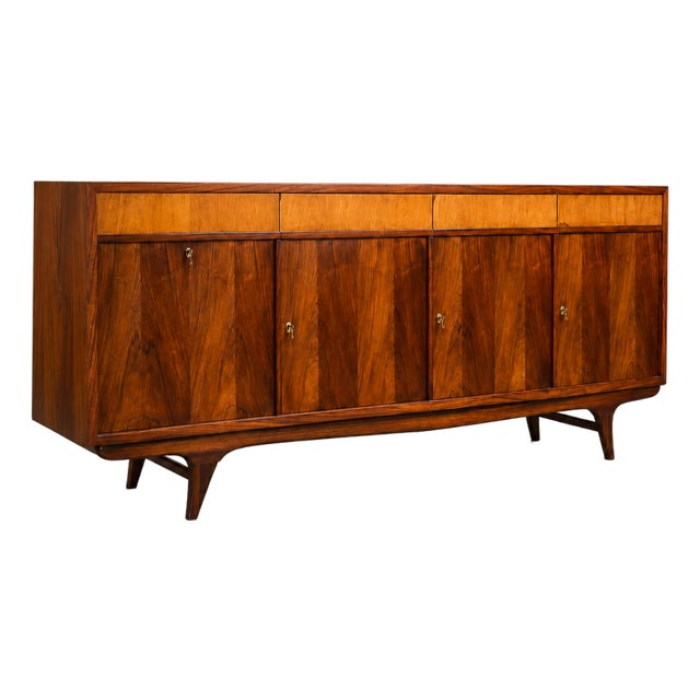 Brazilian Modern Four-Door, Four-Drawer Caviúna Credenza With Drop-Front Bar, 1950s, Brazil For Sale