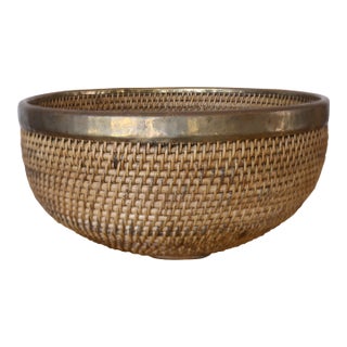 Vintage 1970s 15" Brass-Rimmed Rattan Basket Bowl For Sale