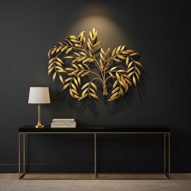 1960s Italian gilt metal botanical wall sculpture, retaining its original Made in Italy tag. Extra-large dimensional...