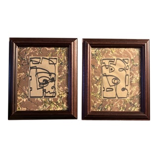 Contemporary 2 Original Wayne Cunningham Abstract Marker Drawings Vintage Frames-A Pair For Sale