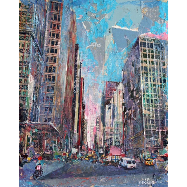 This mixed media piece captures a vibrant urban scene, showcasing towering skyscrapers that stretch toward a lively blue...