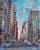 This mixed media piece captures a vibrant urban scene, showcasing towering skyscrapers that stretch toward a lively blue...