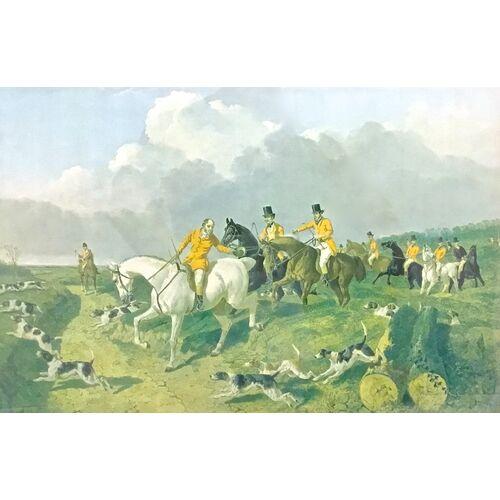 Vintage hunt scene print of dogs and hunters on horseback. Double matted and displayed in a wood frame. Unsigned. Some...