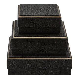 Set of 3 Square Boxes in Black Shagreen With Brass Frame by R&y Augousti For Sale