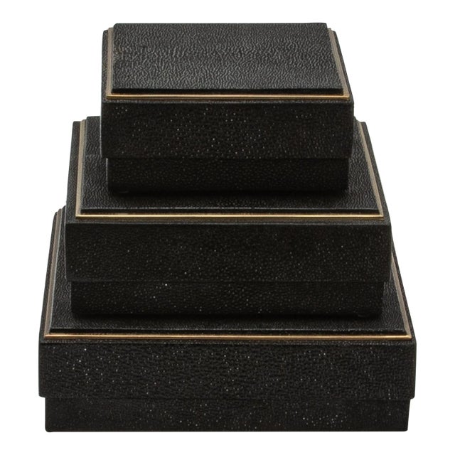 Set of 3 Square Boxes in Black Shagreen With Brass Frame by R&y Augousti For Sale