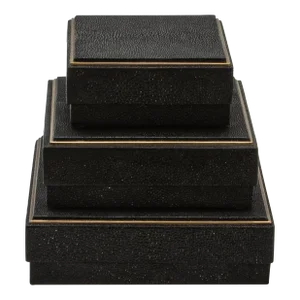 Set of 3 Square Boxes in Black Shagreen With Brass Frame by R&y Augousti