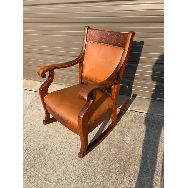 Late 19th Century Antique Quartersawn Oak Rocking Chair With Leather ...