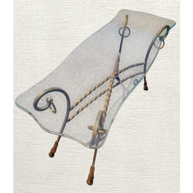 Gold Vintage Italian Maitland Smith Style Scalloped Glass Top Iron Rope Hoof Foot Gold Console Table For Sale - Image 8 of 12