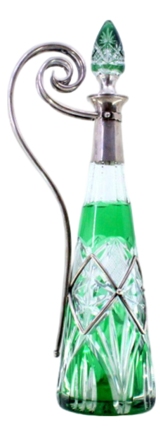 Wine Bottle in Cut Green Glass with Silver Frame and Smooth Handle with Curls
