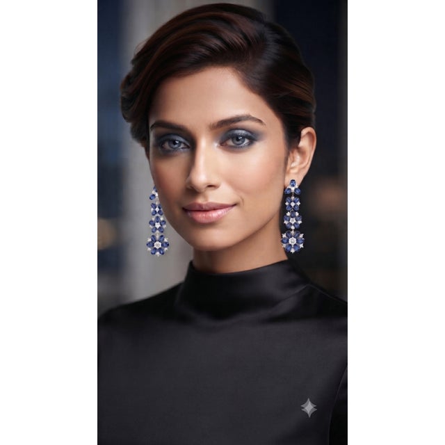 Modern Natural Blue Sapphire 17.15cts & Diamond 2.21cts Earring in 14k Gold For Sale - Image 3 of 8