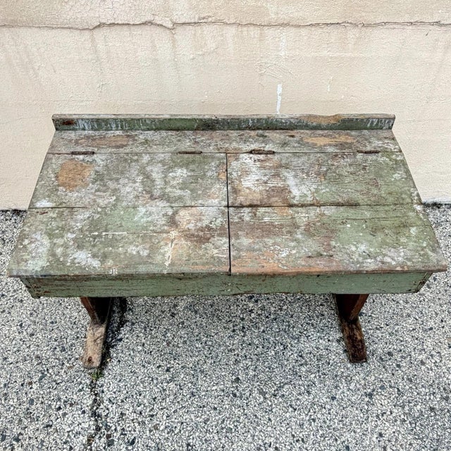 Late 19th Century Antique French Primitive Rustic Green Distress Painted Flip Top Wood School Desk For Sale - Image 5 of 17