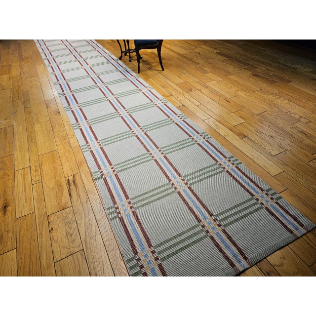 Vintage American Runner, Flat-Woven Wool & Cotton, Allover Pattern, Green Stripes, 4x24 For Sale - Image 12 of 12