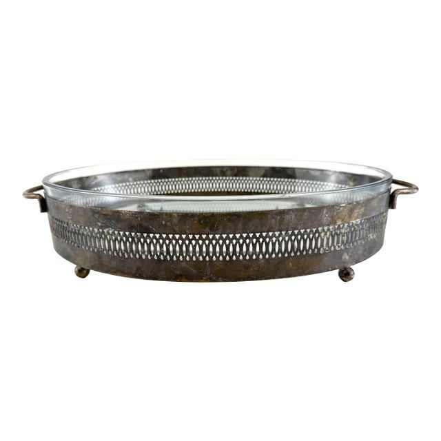 Vintage Silverplate Casserole Holder With Pyrex Insert and Pierced Gallery For Sale