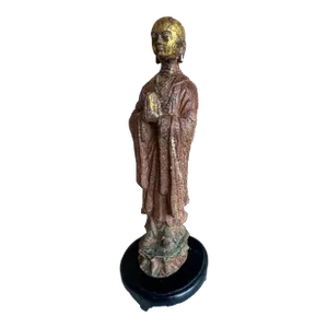 Chinese Cast Iron Figure Buddhist Monk With Original Paint & Gilt, C. 1880's