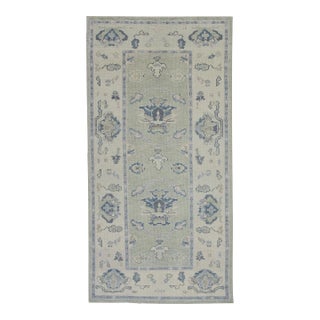 Early 21st Century Green & Blue Handwoven Turkish Oushak Runner 3'8" X 7'8" For Sale