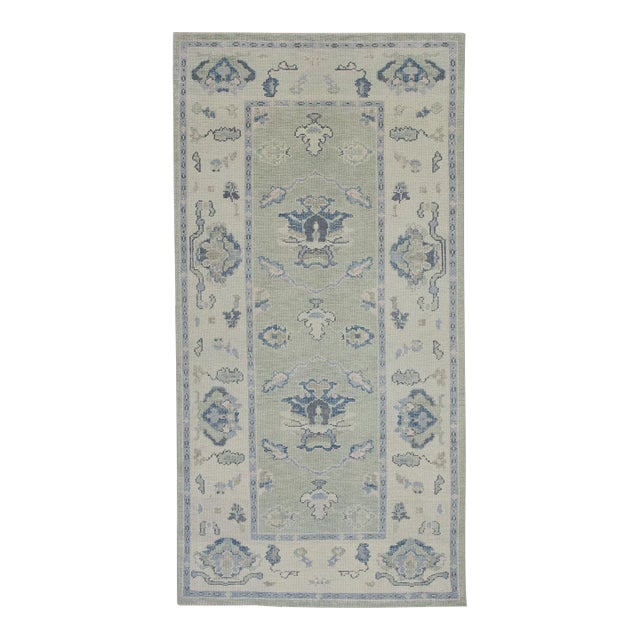 Early 21st Century Green & Blue Handwoven Turkish Oushak Runner 3'8" X 7'8" For Sale