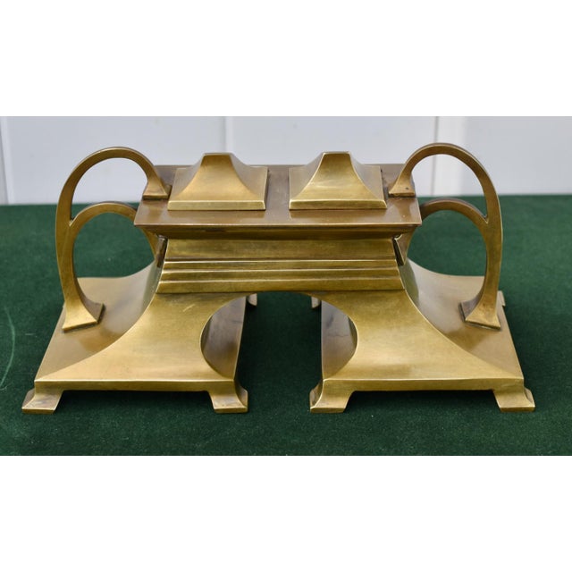 Bronze Antique Art Nouveau Bronze Dbl. Inkwell and Porcelain Inserts For Sale - Image 8 of 16