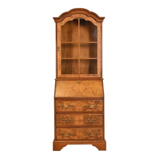 Georgian Cherry and Burl Wood Drop Front Secretary Desk With Lighted Bookcase Hutch by Jasper Cabinet Co. For Sale