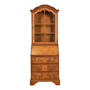 Georgian Cherry and Burl Wood Drop Front Secretary Desk With Lighted Bookcase Hutch by Jasper Cabinet Co.