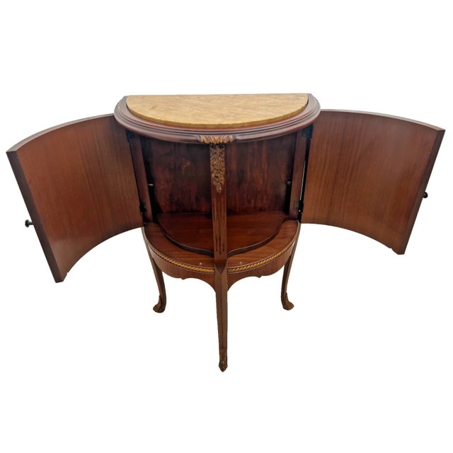 1930s French Louis Revival Demilune Cabinet With Shelf, Marble Top, Floral Marquetry For Sale - Image 4 of 12