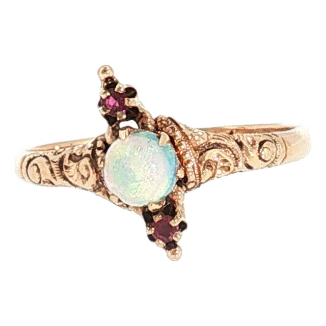 19th Century Victorian 10 Karat Yellow Gold Opal and Ruby Ring, Size 8.5 For Sale