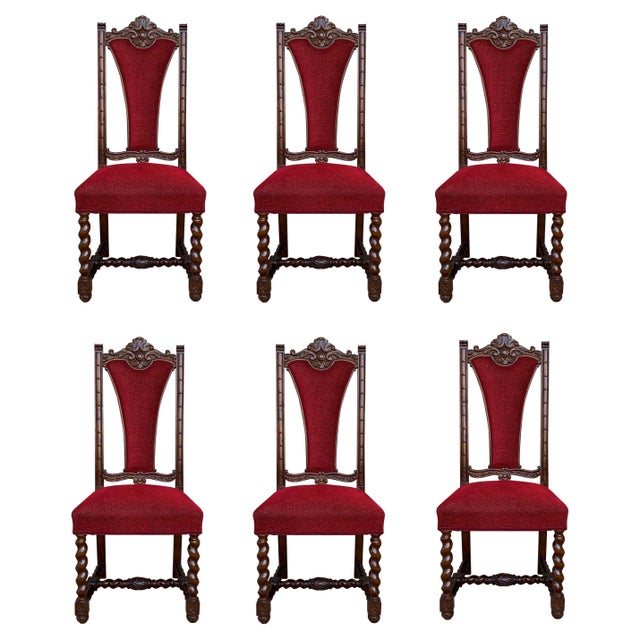 Brown Early 20th Century Spanish Carved Walnut Set of Six Chairs with Red Velvet Seat and Back For Sale - Image 8 of 18