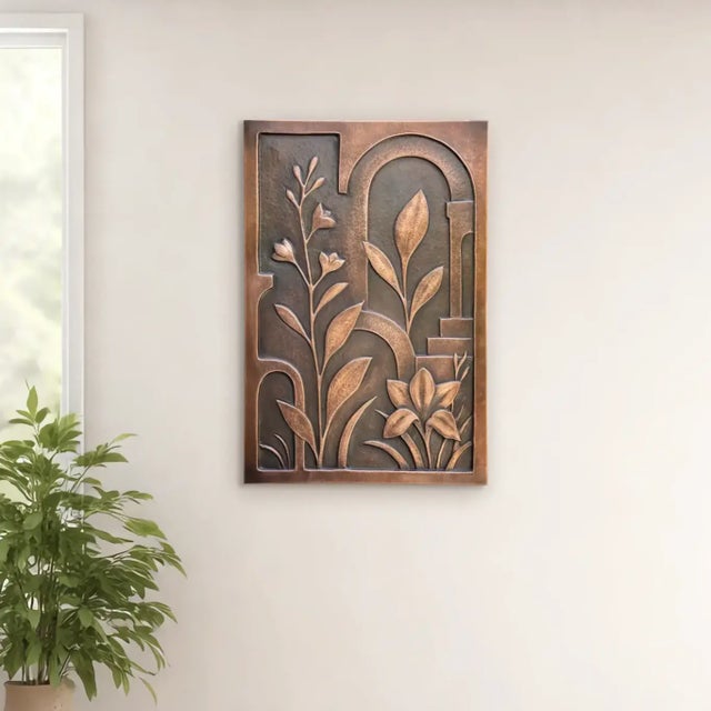 Contemporary Metal Wall Relief Sculpture With Flowers & Architecture "Copper Botanica" by Jeremy Maronpot For Sale - Image 3 of 17