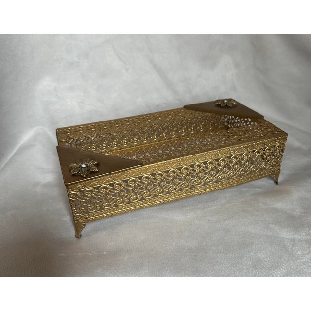 Vintage Gold Tone Filigree Metal Tissue Box Cover For Sale - Image 10 of 11