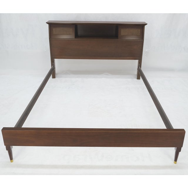 Walnut Storage Compartment Wedge Shape Headboard Queen Size Bed w/ Rails For Sale - Image 10 of 12