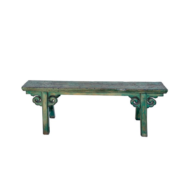 Distressed Brown Green Blue Village Slim Narrow Scroll Apron Wood Bench For Sale In San Francisco - Image 6 of 7