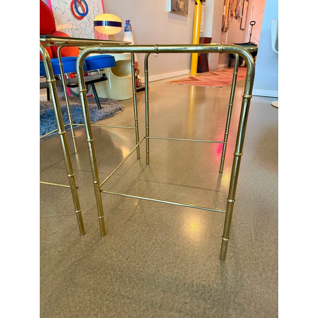 Vintage Mid Century Modern Faux Bamboo Brass Glass Nesting Tables Set 1970s Hollywood Regency For Sale - Image 13 of 17