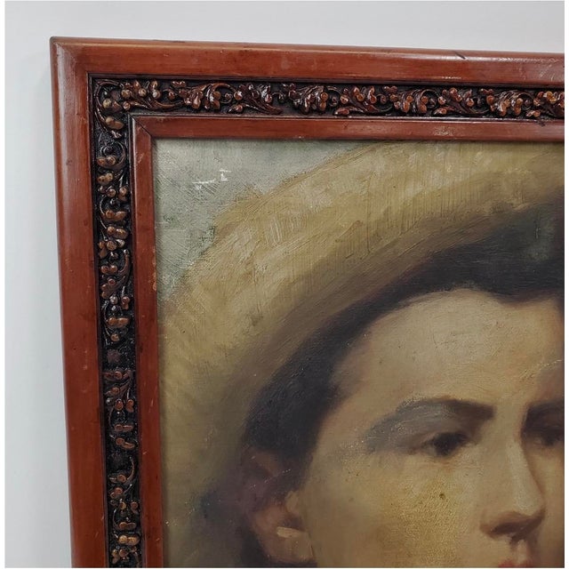 Textile Antique Oil Portrait of a Young Boy in a Straw Hat For Sale - Image 7 of 18