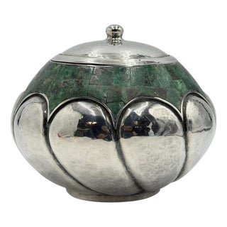 Mid 20th Century Los Castillo Taxco Malachite Silver Plate Lidded Bowl, Mexican Modernist Silver For Sale