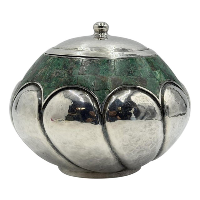 Mid 20th Century Los Castillo Taxco Malachite Silver Plate Lidded Bowl, Mexican Modernist Silver For Sale