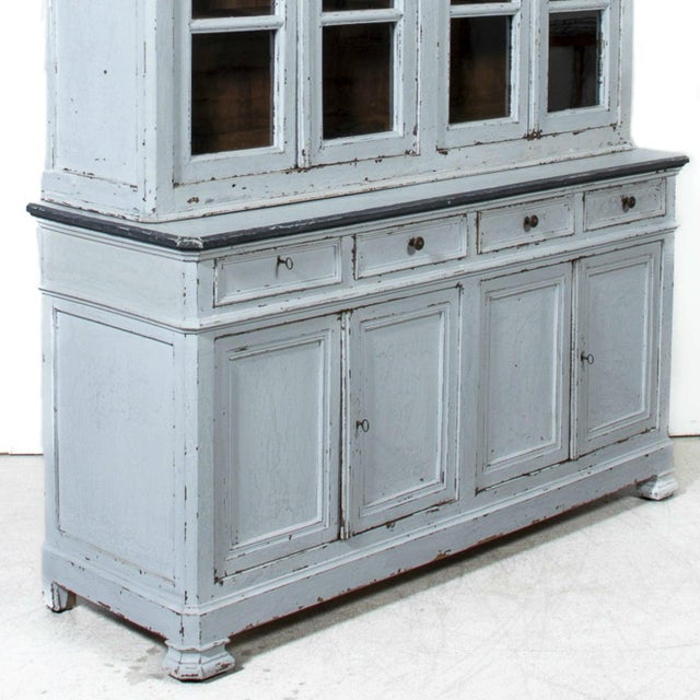 Blue Mid-19th Century French Louis Philippe Period Painted Bookcase/Buffet Deux Corps For Sale - Image 8 of 14