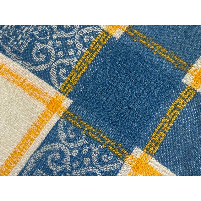 1950s Vintage European Linen Napkins, Blue & Mustard Jacquard Plaid With Damask Border, Hemstitched - Set of 6 For Sale - Image 5 of 12