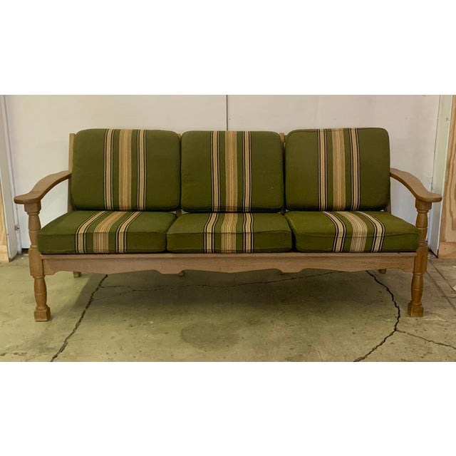 1970s, Danish 3-seater sofa. Original green furniture wool, solid oak wood, springs in the cushions