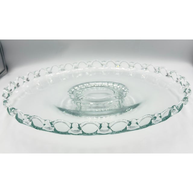 Anchor Hocking Depression Footed Glass Open Lace Edge Shallow Platter 13" Fruit Bowl For Sale - Image 4 of 7