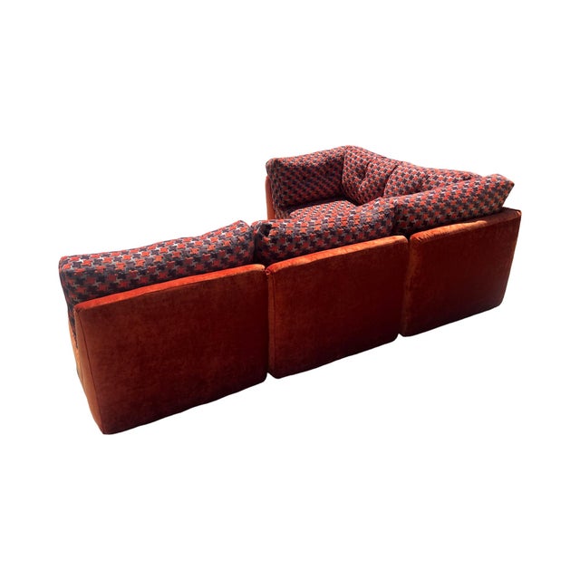 Vintage Mid Century Modern 1970s - 1980s 4 Piece Modular Orange Velvet Geometric Sofa Restored Postmodern 80s For Sale - Image 11 of 12