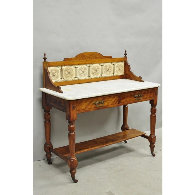 Antique English Victorian Edwardian Period Walnut Marble Top Washstand with Pre-War "Good Luck" Swastika Tile Backsplash....