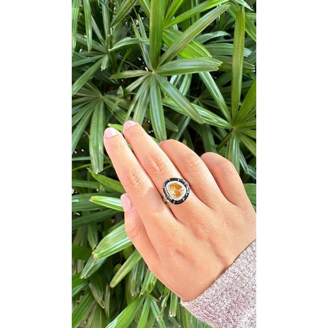 Set in 18k Gold, Ceylon Yellow Sapphire, Black Enamel & Diamonds Engagement Ring, Us Size 6 For Sale - Image 10 of 12