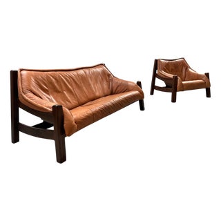 Brazilian Armchair & Sofa in Oak Wood & Camel Leather, 1970s For Sale