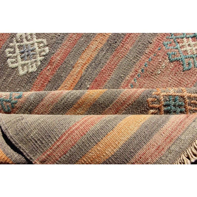 Colorful Vintage Hand Woven Turkish Flat-Weave Kilim Rug With Striped Geometric Design For Sale - Image 11 of 13