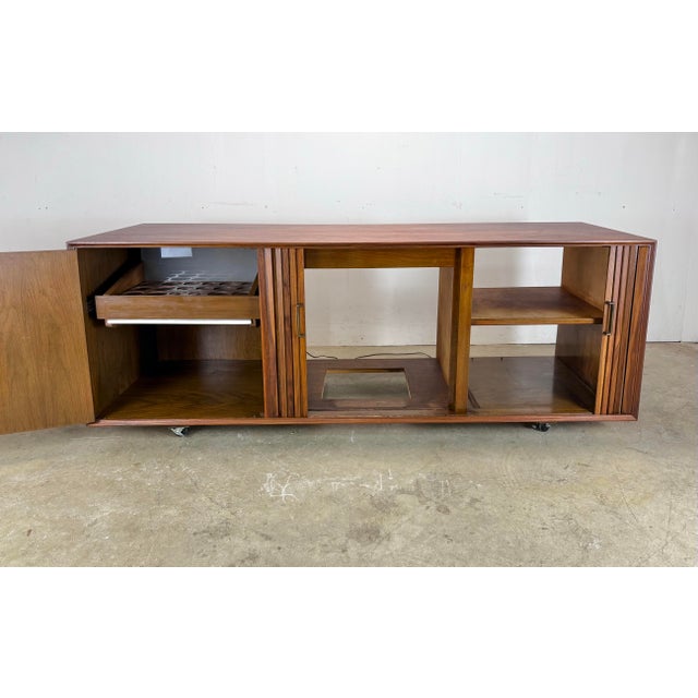 1960s 1960s Mid Century Modern Tambour Door Walnut Credenza / Media Cabinet / Bar Cabinet For Sale - Image 5 of 12