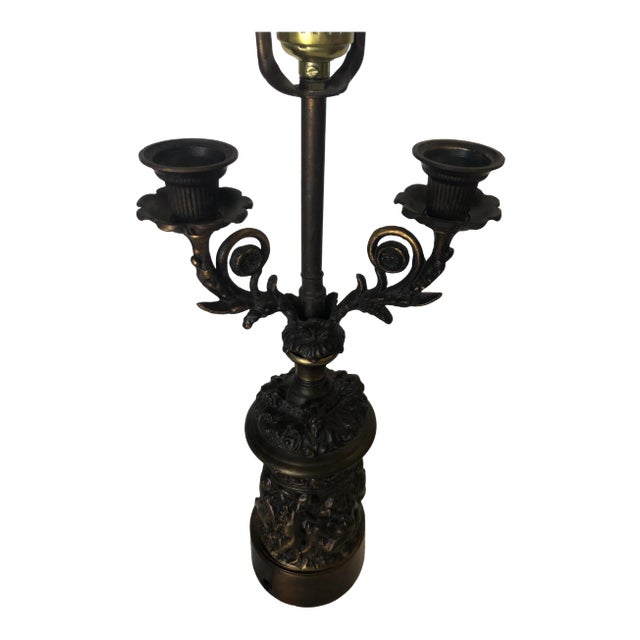 Neo-Classic Bronze Patina Cherub Candelabra Table Lamp For Sale