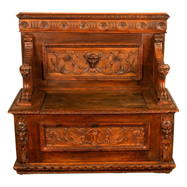 Antique 19th Century Italian Renaissance Revival Carved Walnut Bench Settle 1880 For Sale - Image 4 of 17
