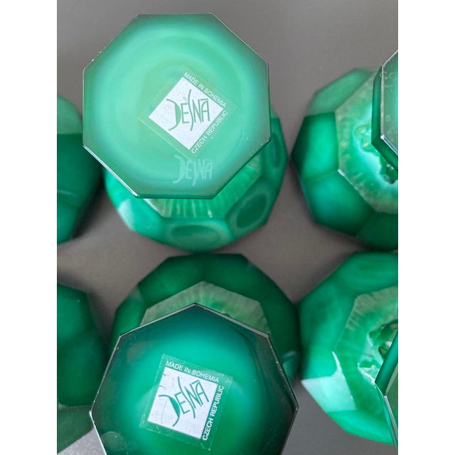 Art Deco Green Malachite Geometric Glass Pedestal Master Salt Cellars or Egg Cup Holders- Set of 6 For Sale - Image 10 of 11
