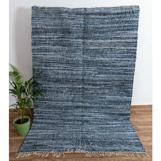 Cornflower Blue Recycled Denim Blue Hand Woven Cotton Boho Rug For Sale - Image 8 of 10